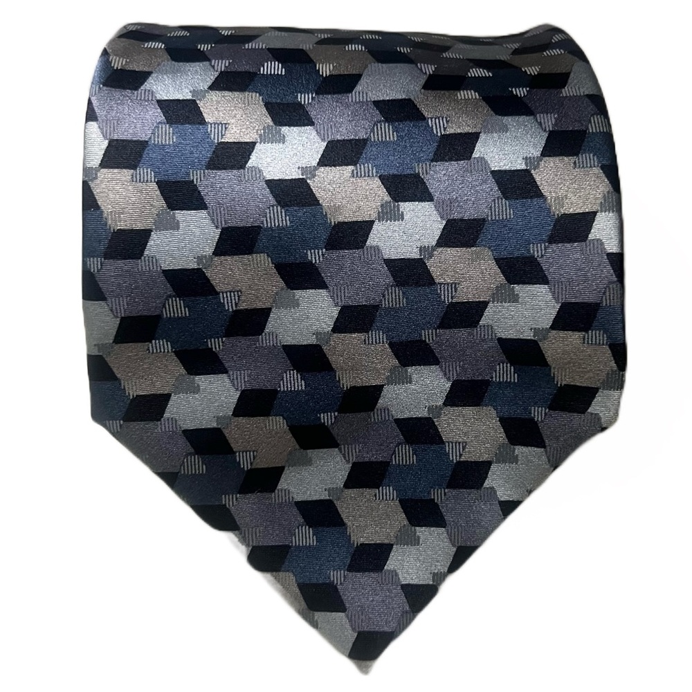 DKNY 100% Silk Men’s Designer Tie Gray Blue Geometric‎ Business Casual Necktie